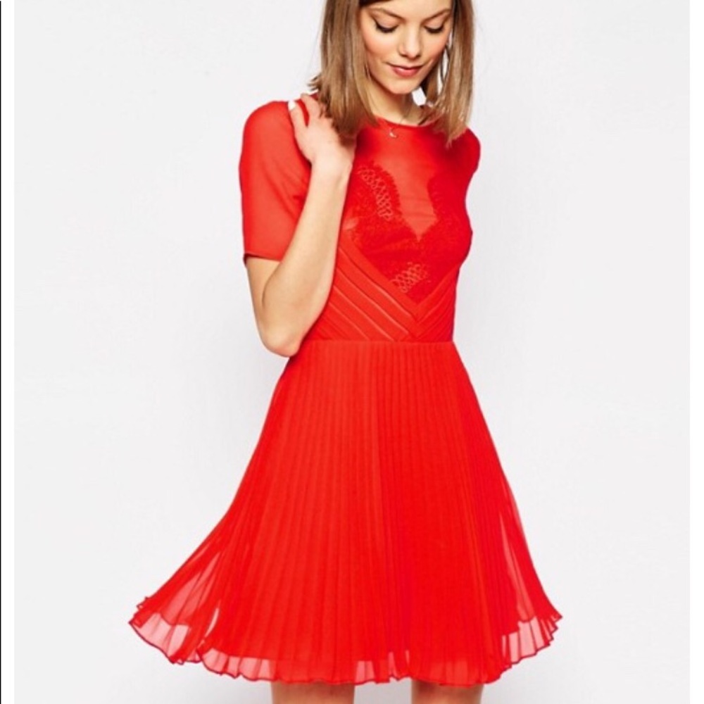 NEW Lace + Pleated Coral Dress